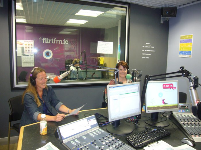 Kristin Hunfeld (left) & Jennifer Liston do radio interview at Galway Flirt FM